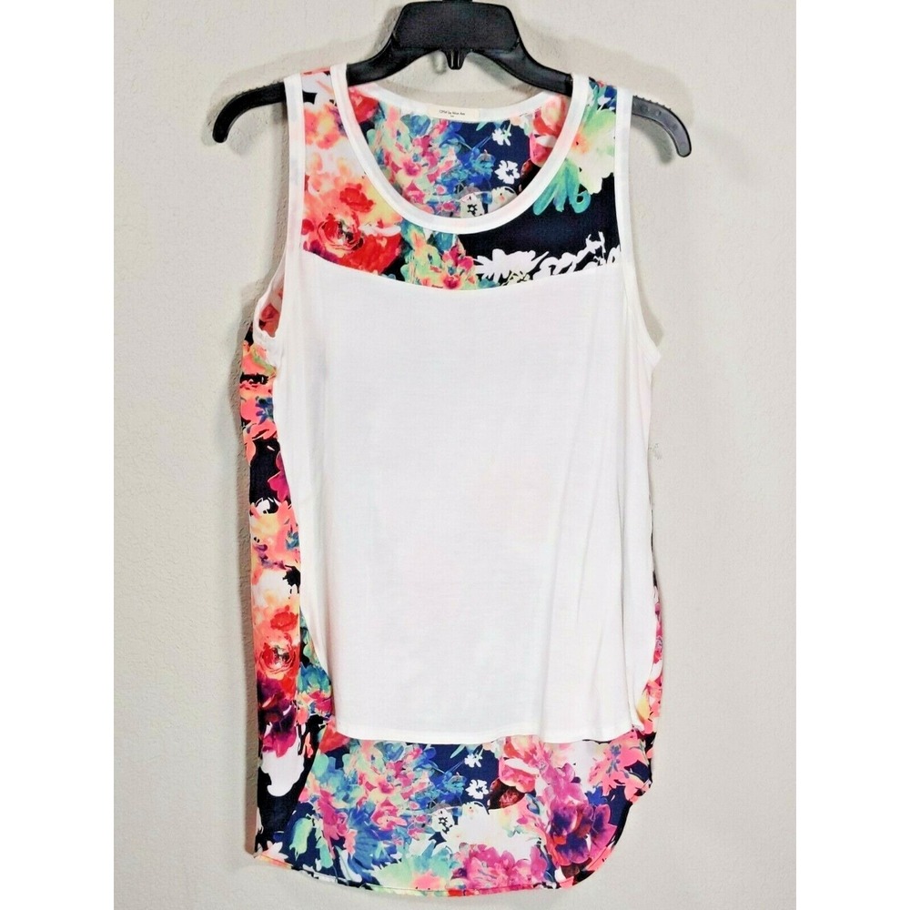 12PM by Mon Ami Tank Top Women M White Floral High Low Mixed Media Sleeveless